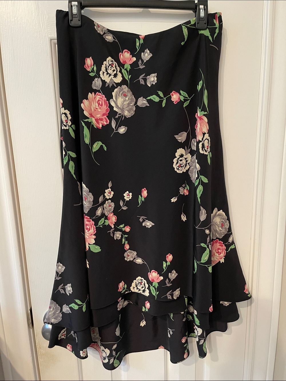 Lauren Ralph Lauren Black Floral High-Low Midi Skirt with Pink Accents